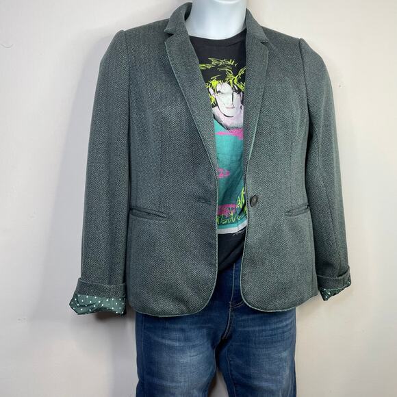 The Limited Green Gray Herringbone Tweed Classic Academia Blazer Jacket womens M - Picture 9 of 13
